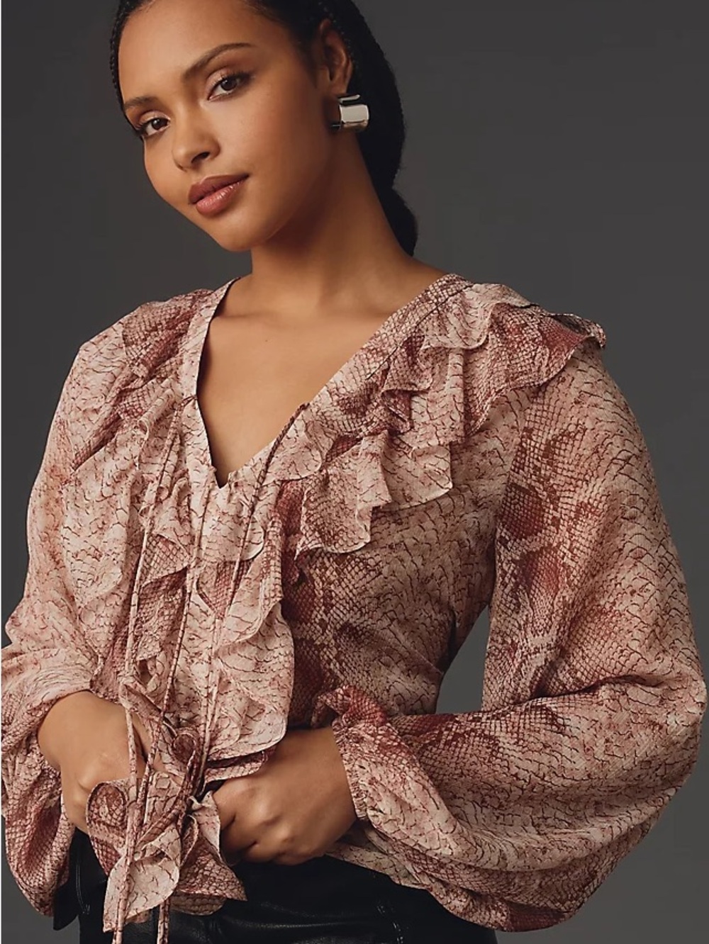 Anthropologie Blush Snake-Print Ruffle V-Neck Blouse